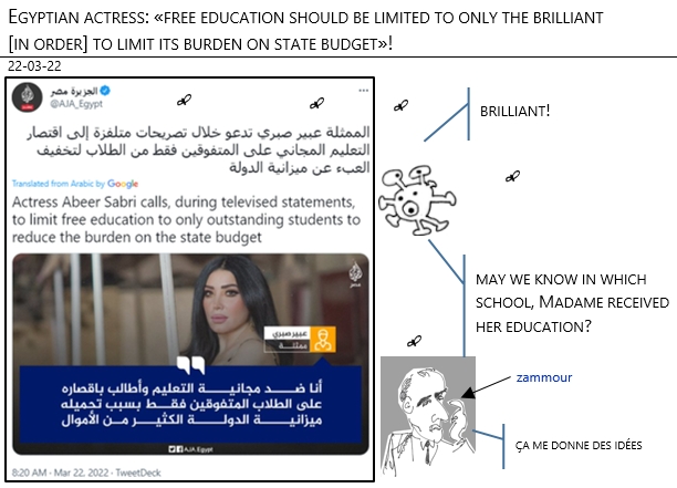 22/03/22 - Egyptian actress: «free education should be limited to only the brilliant [in order] to limit its burden on state budget»!